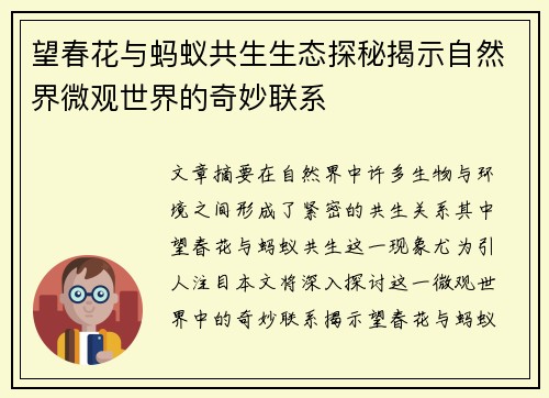 望春花与蚂蚁共生生态探秘揭示自然界微观世界的奇妙联系